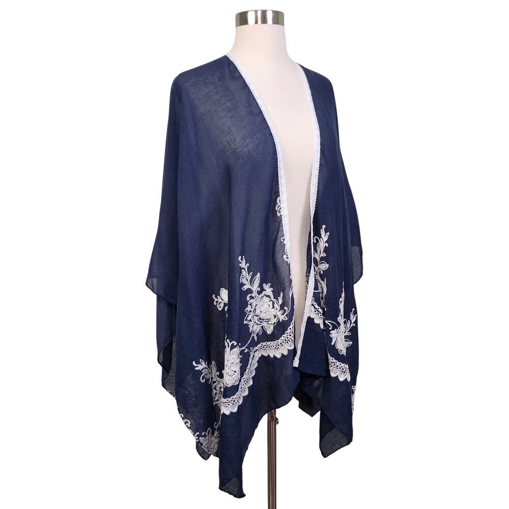 Marcus‎ Adler Womens Embroidered Shawl One Size Blue White Semi Sheer Bohemian